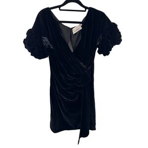 FAME AND PARTNERS x FREE PEOPLE Black Velvet Puff Sleeve Wrap Mini Dress US 0
